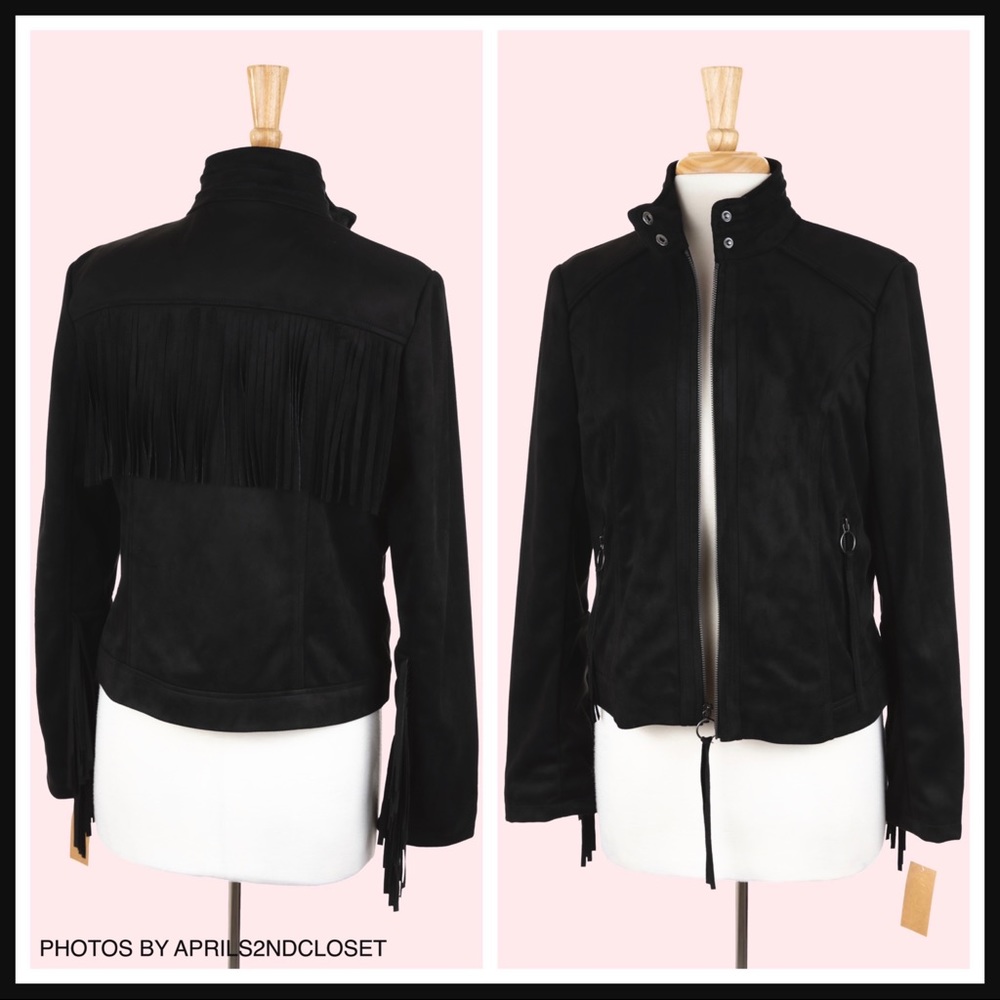 BLACK BOHO FRINGE VEGAN SUEDE MOTO BOMBER JACKET ZIP UP A2C - Picture 4 of 10